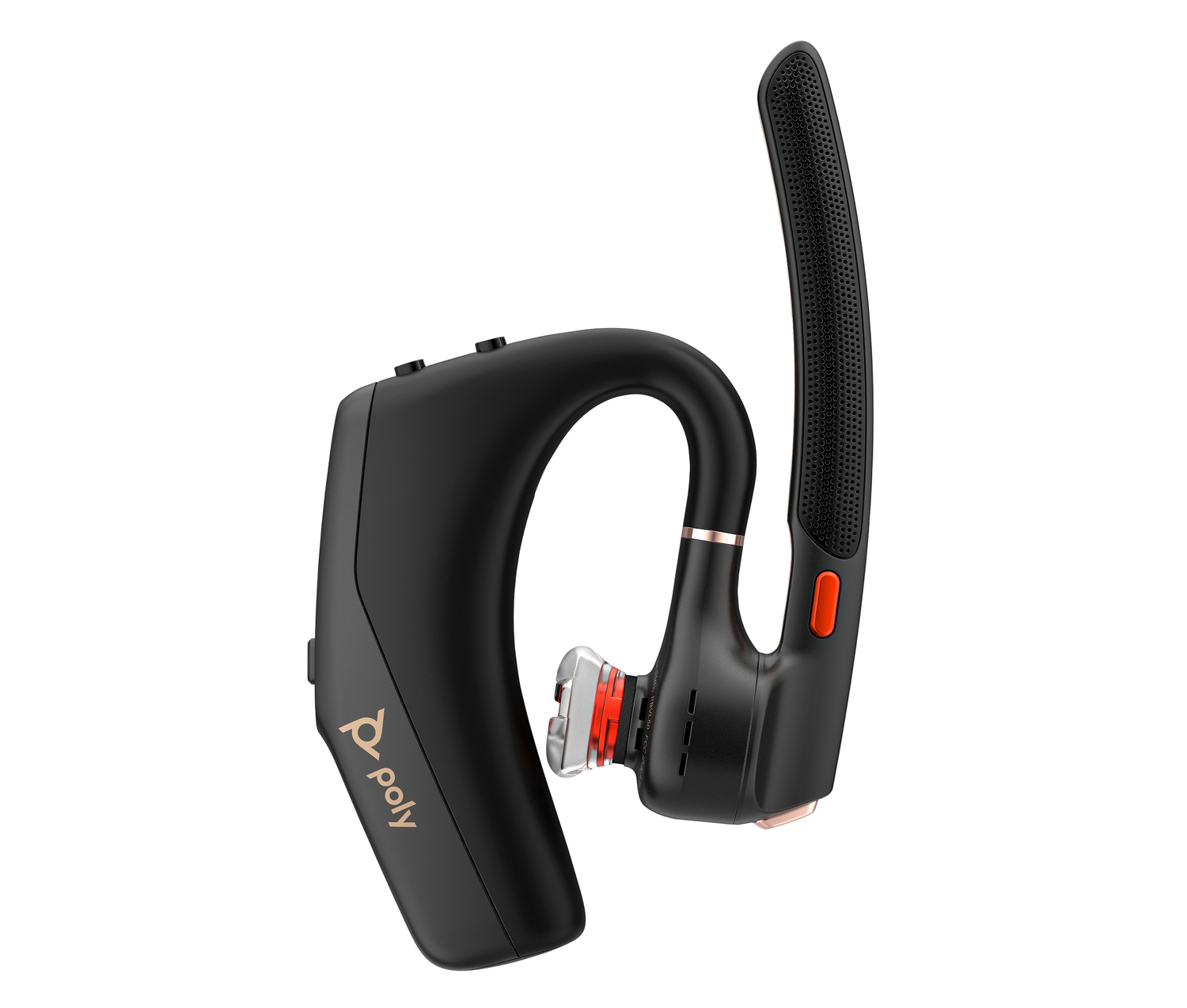 Un auricular Bluetooth Poly negro y oro rosa. Tiene un diseño curvo y una sección de altavoz grande y perforada. Se ve un botón naranja.