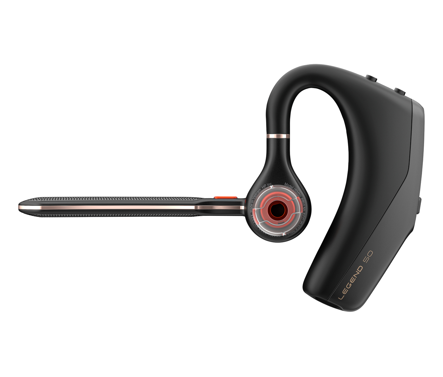 Un auricular Bluetooth negro y oro rosa. Tiene las palabras 'LEGEND 50' en el lateral. El auricular está sobre un fondo blanco.