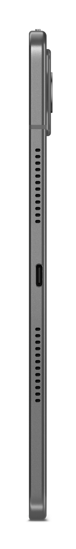 Widok z boku szarego, prostokątnego urządzenia z otworami wentylacyjnymi i przyciskiem. Czarne tło.