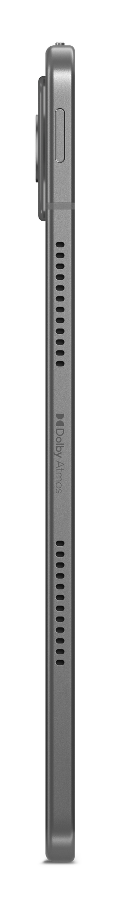 Widok z boku szarego smartfona z wypukłością aparatu, przyciskiem zasilania i otworami wentylacyjnymi. Widoczne logo Dolby Atmos.