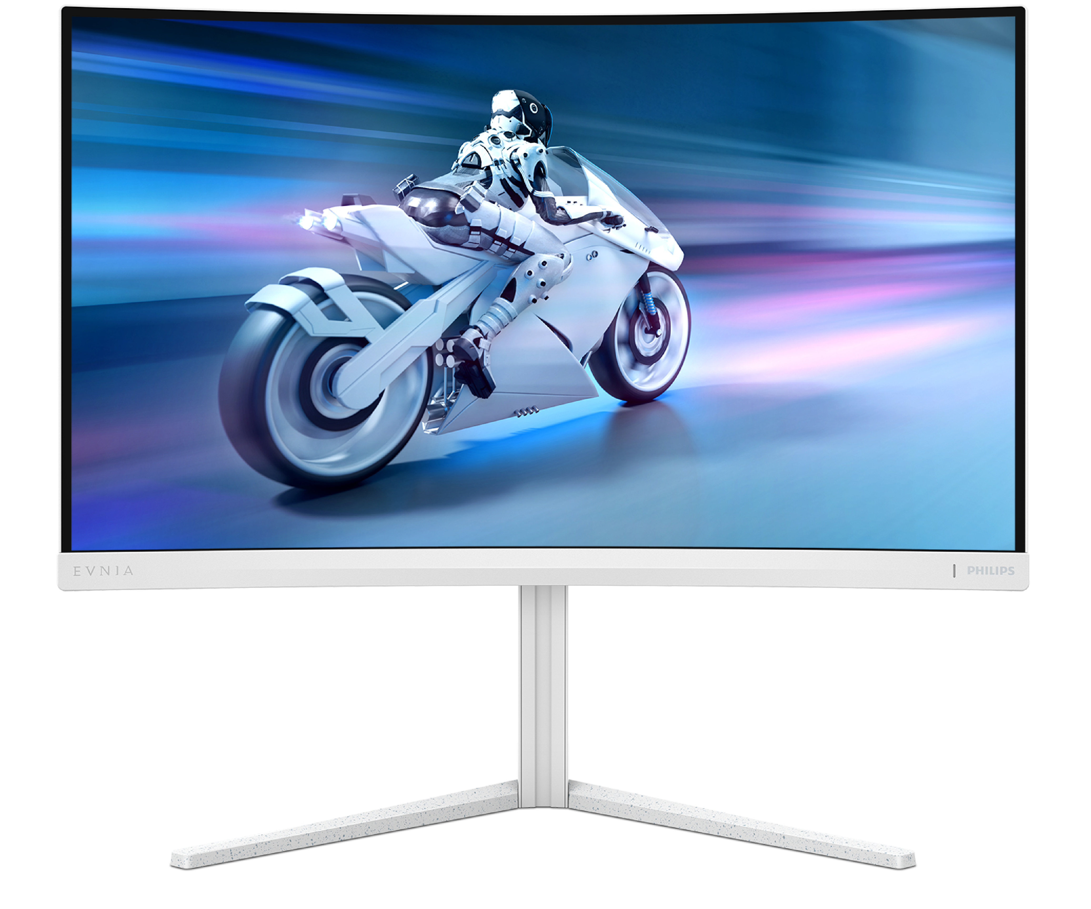 Un monitor bianco curvo mostra una moto futuristica che corre attraverso uno sfondo sfocato blu e viola.