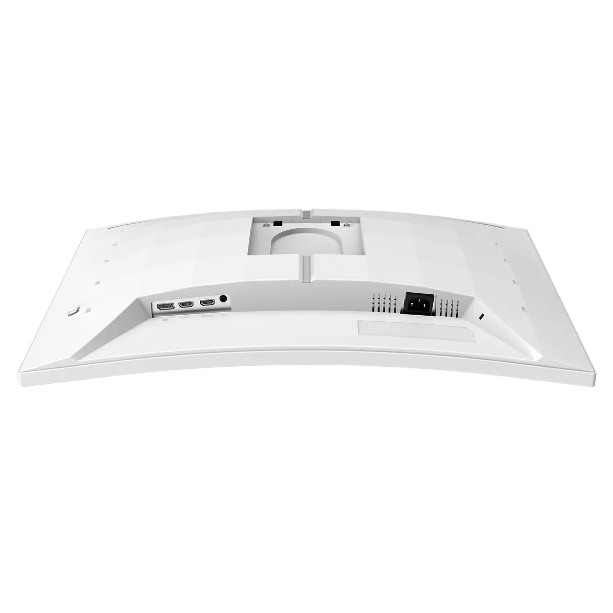 Retro di un monitor curvo bianco, porte e ingresso di alimentazione visibili. Su sfondo bianco. Il monitor è inclinato verso l'alto.