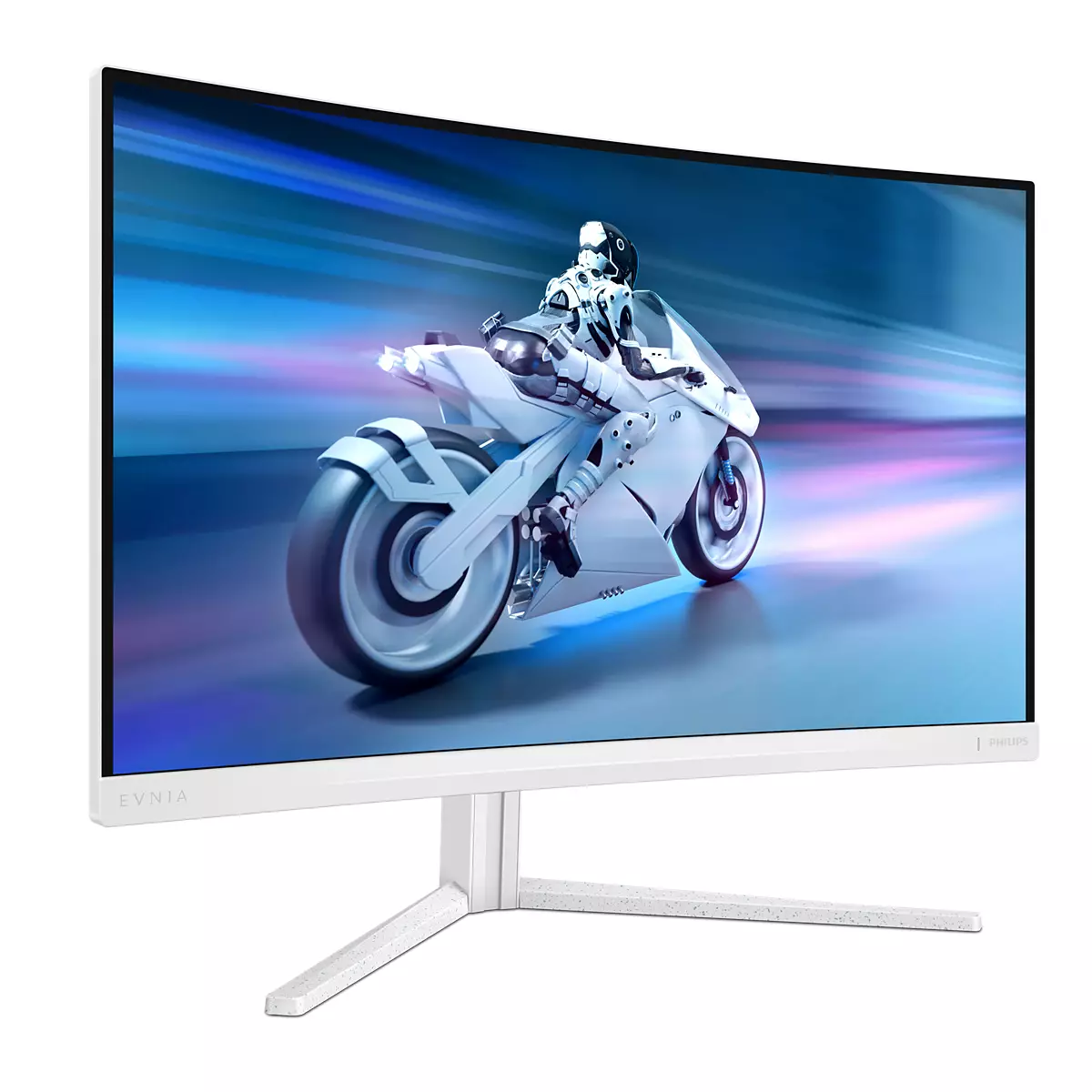Un monitor per computer bianco mostra una scena di moto futuristica. Il monitor è bianco con un supporto moderno. L'immagine è curva.