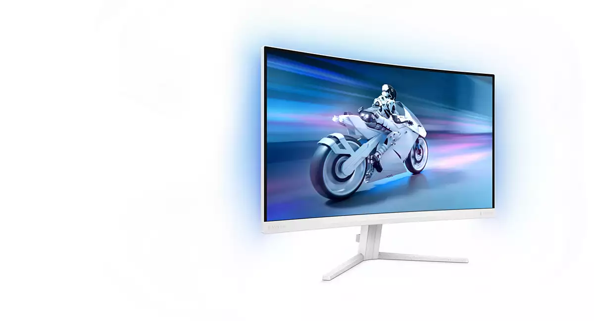 Un monitor curvo per computer mostra una moto futuristica. Il monitor è bianco con una luce blu.