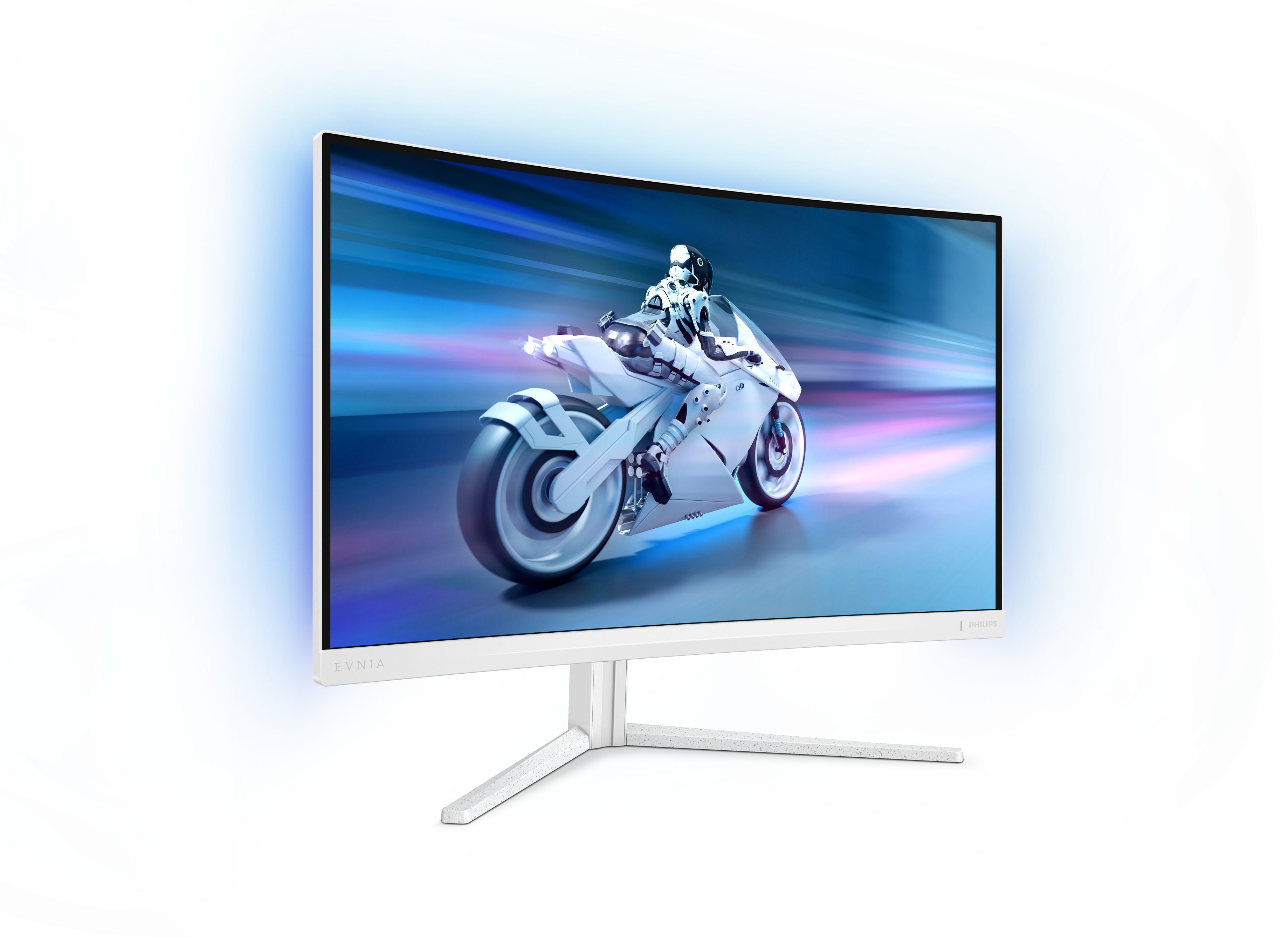 Un monitor bianco mostra una moto futuristica con un pilota. Sfondo astratto blu e bianco.