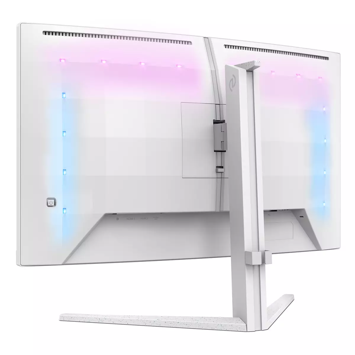 Retro di un monitor per computer bianco con illuminazione RGB. Ha un supporto e porte. Le luci sono blu e rosa.
