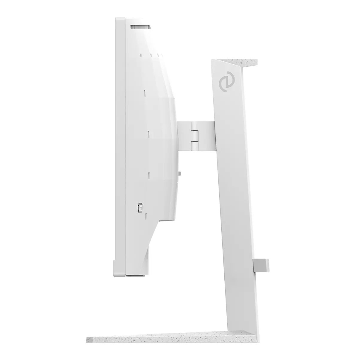 Vista laterale di un monitor per computer bianco. Ha uno schermo rettangolare e un supporto robusto. Il supporto ha una superficie strutturata.