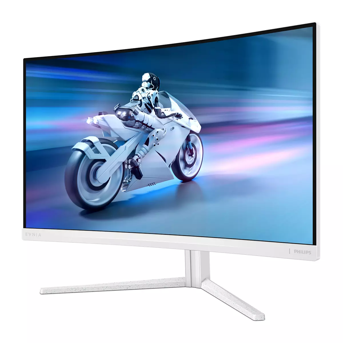 Monitor curvo bianco che mostra una moto futuristica su sfondo blu e viola. Il monitor ha una base bianca.