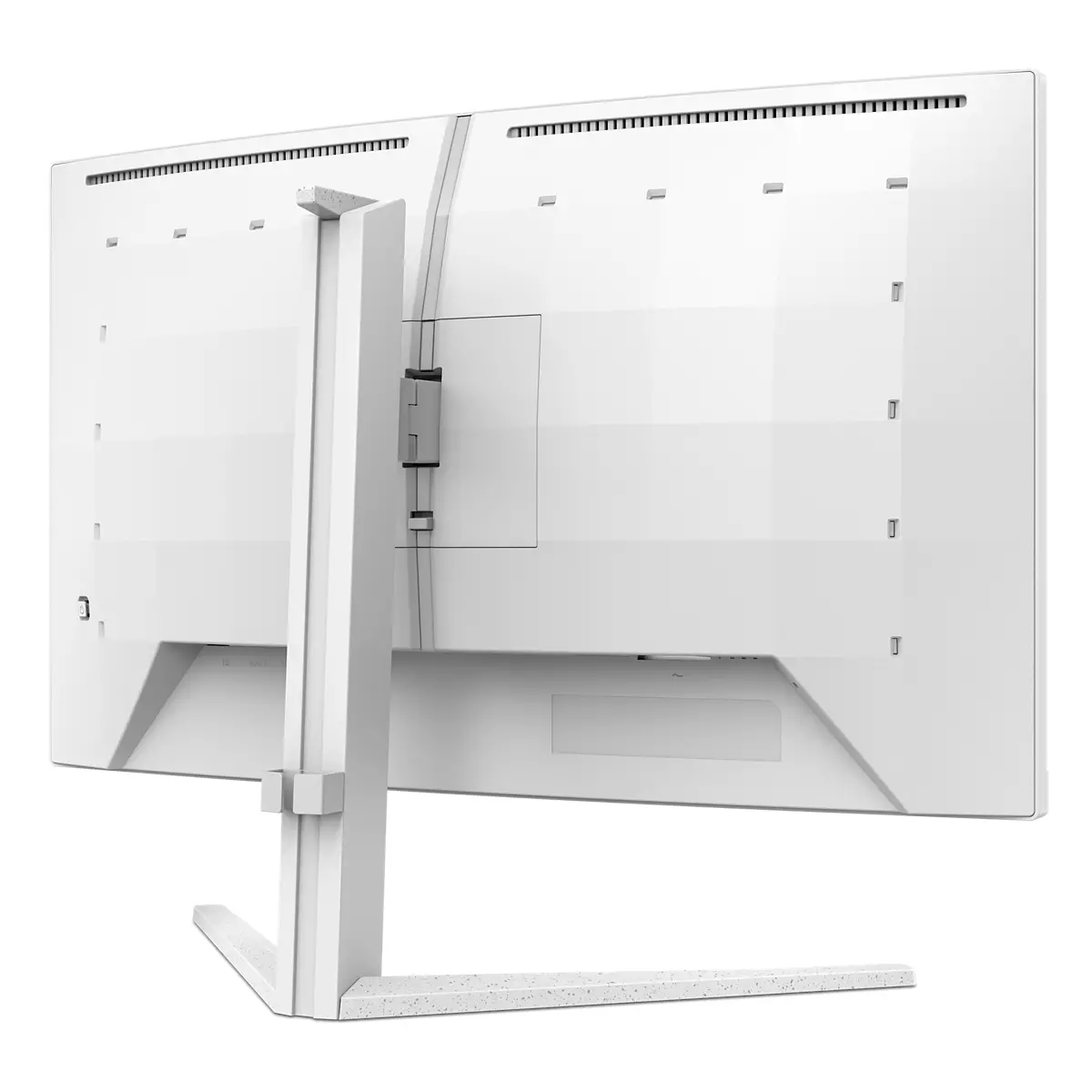 Vista posteriore di un monitor bianco, con supporto e porte visibili. Il monitor è su uno sfondo bianco.