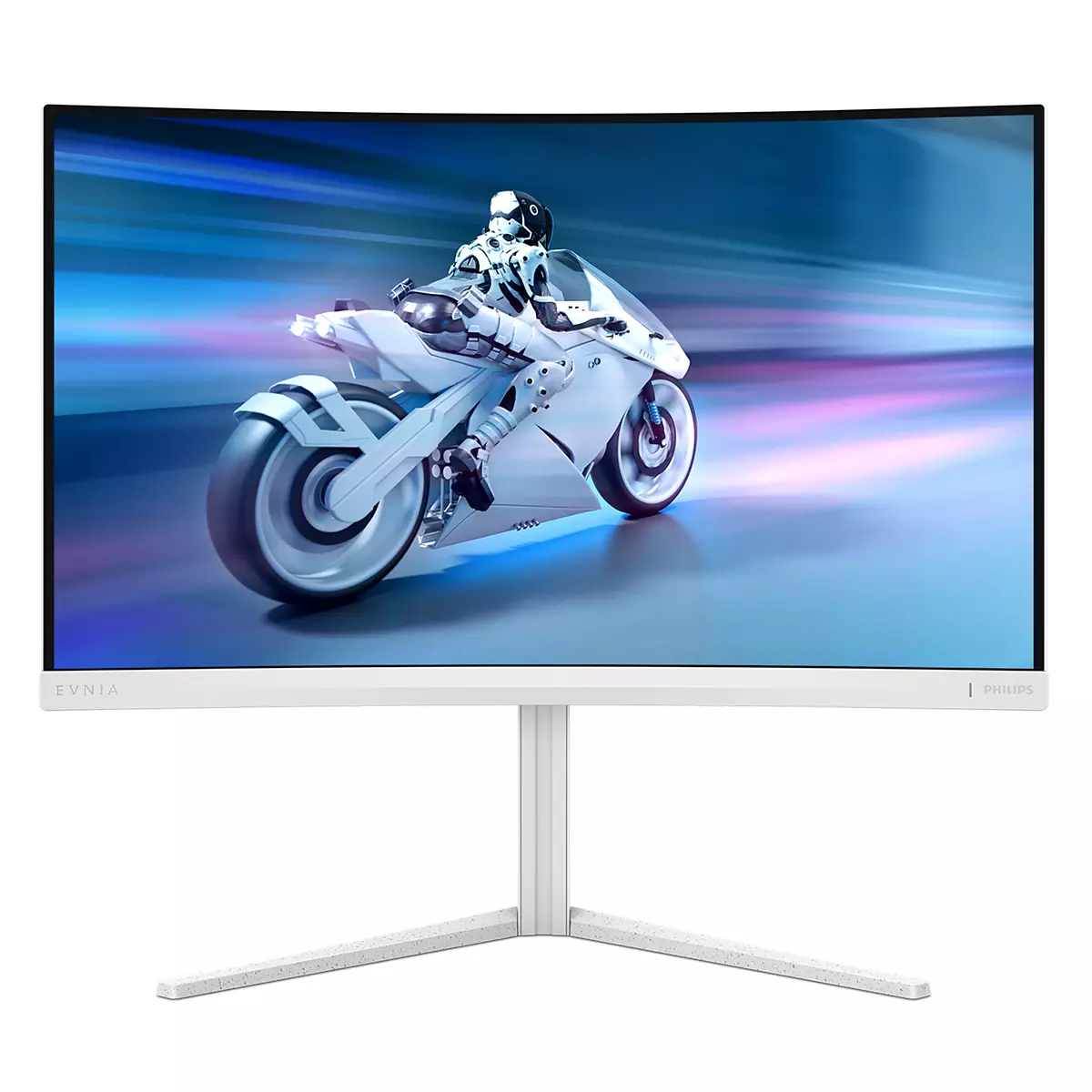 Un monitor bianco curvo mostra una moto futuristica e un pilota. Il monitor ha un supporto bianco. Lo sfondo è sfocato.