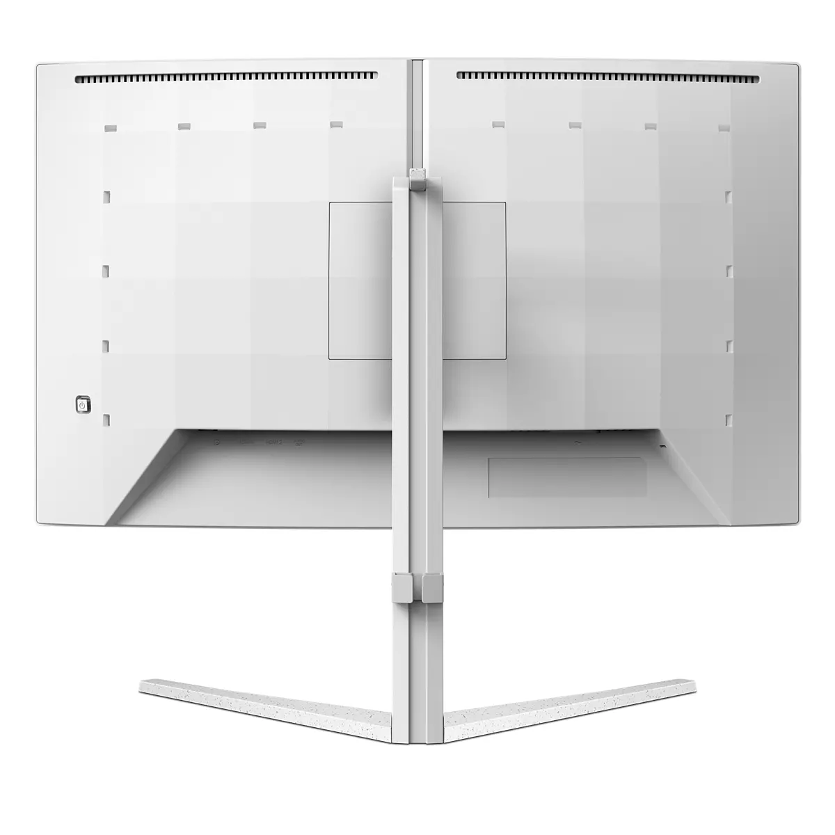 Retro di un monitor bianco. Ha un supporto, porte e prese d'aria. Il design è pulito e moderno.