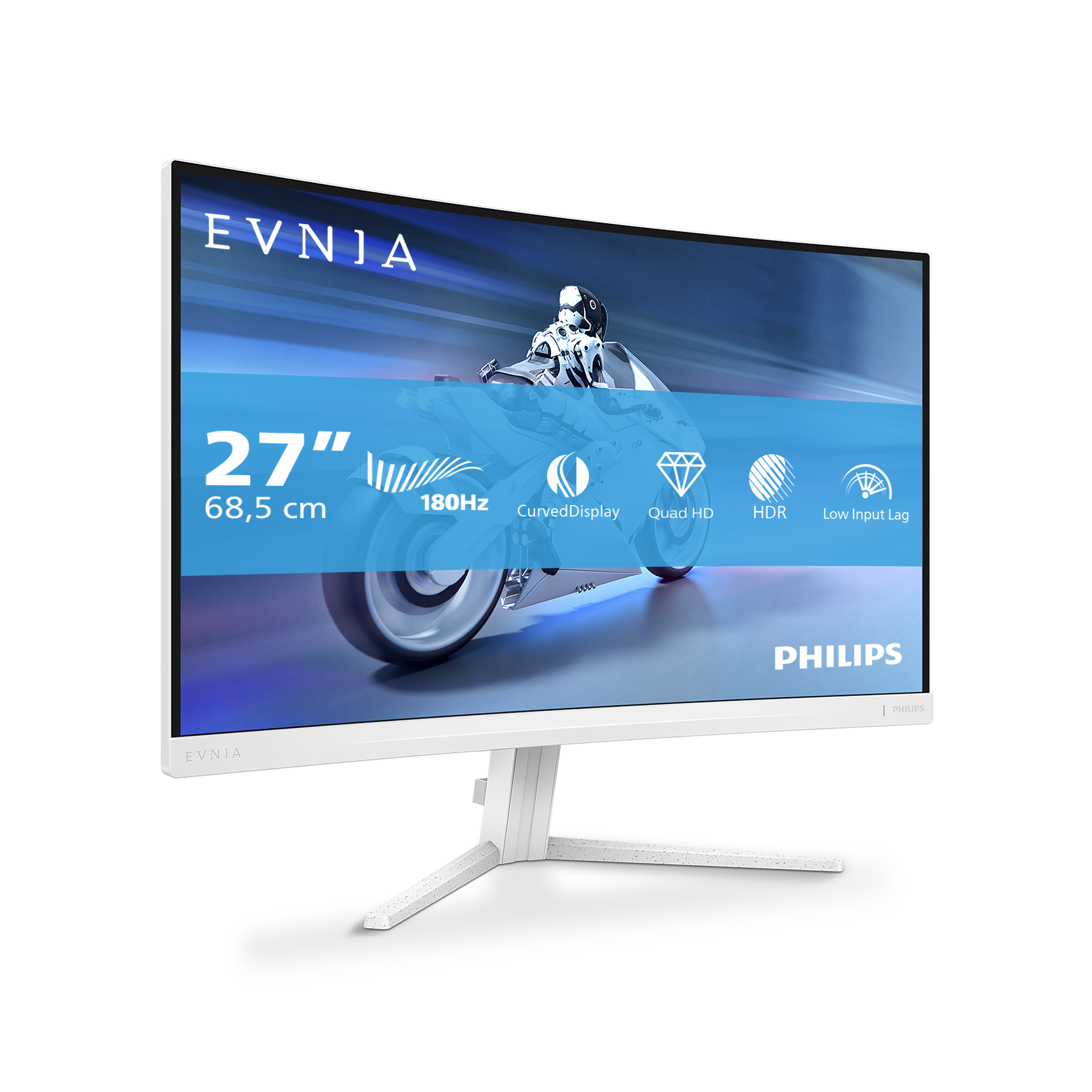 Un monitor curvo Philips bianco mostra un'immagine di moto. Ha un supporto bianco e sfondo nero.