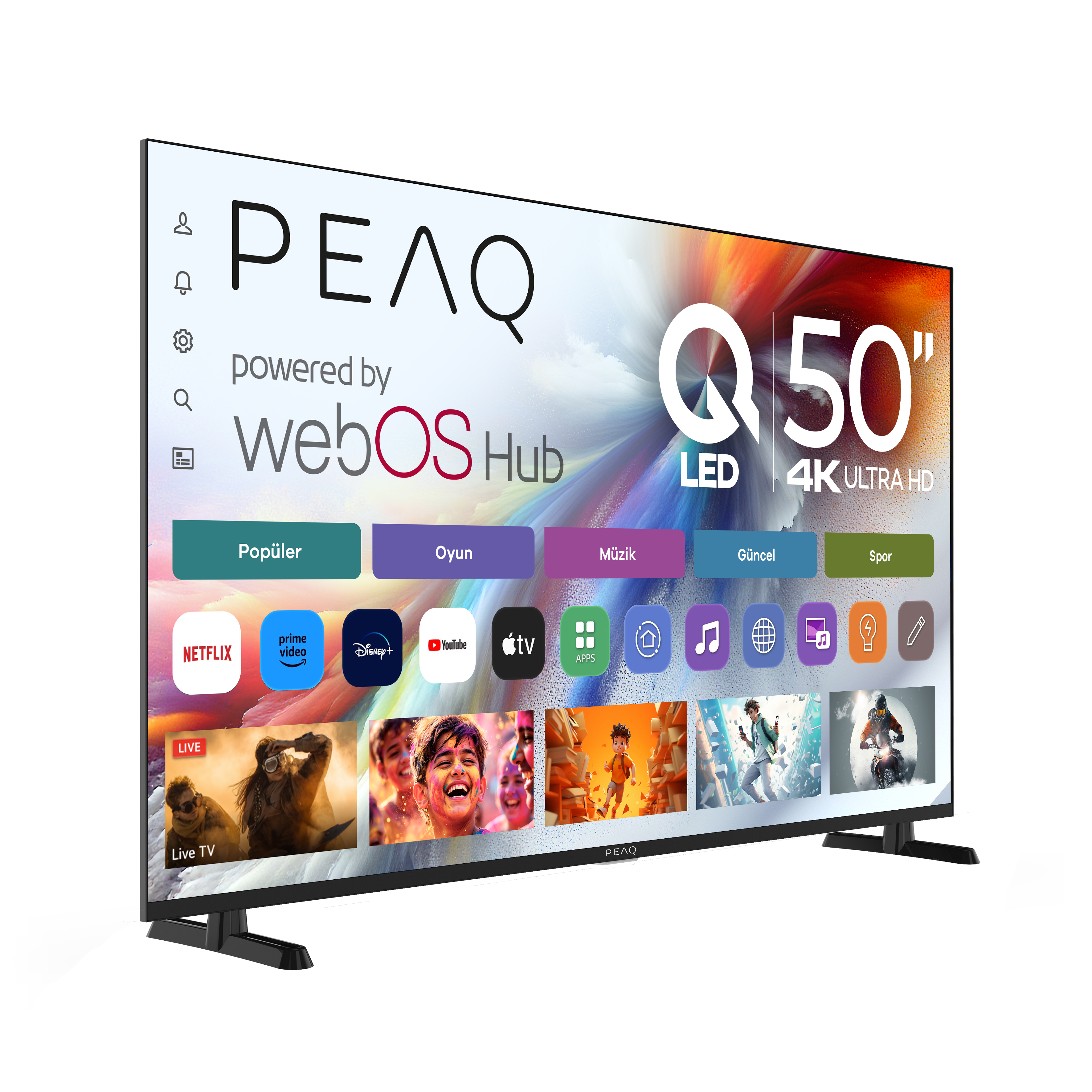 Akış uygulamaları olan bir PEAQ Q50 LED 4K Ultra HD TV. Ekran çeşitli içerikleri ve uygulamaları gösteriyor.