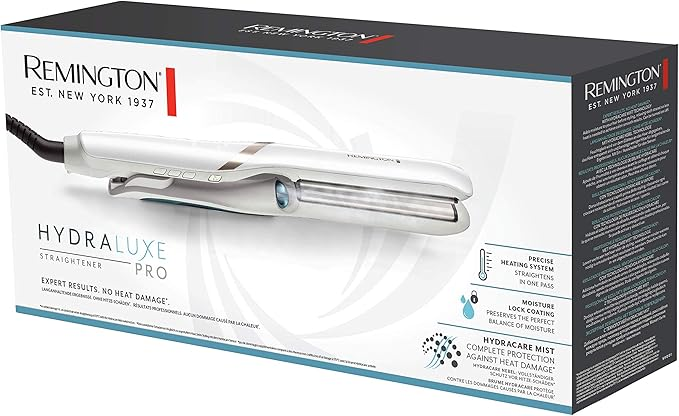 Bir kutu üzerinde Remington Hydraluxe Pro saç düzleştirici. Kutu beyaz ve mavidir, ürün detayları vardır. Düzleştirici beyazdır.