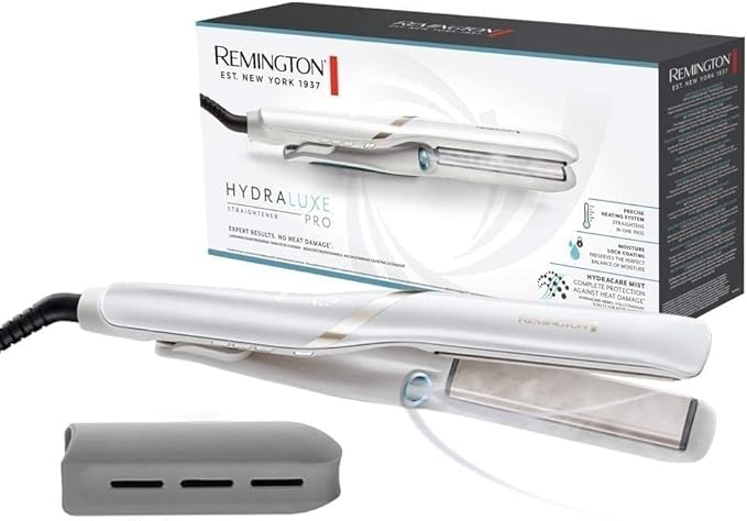 Beyaz bir Remington HydraLuxe Pro saç düzleştirici, bir kutu ve gri bir saklama çantası. Kutu siyah beyazdır.