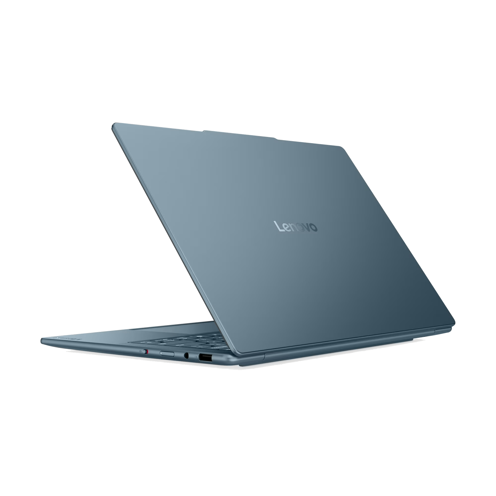 Un portátil Lenovo azul está abierto, mostrando el teclado y la pantalla en ángulo, sobre un fondo negro.