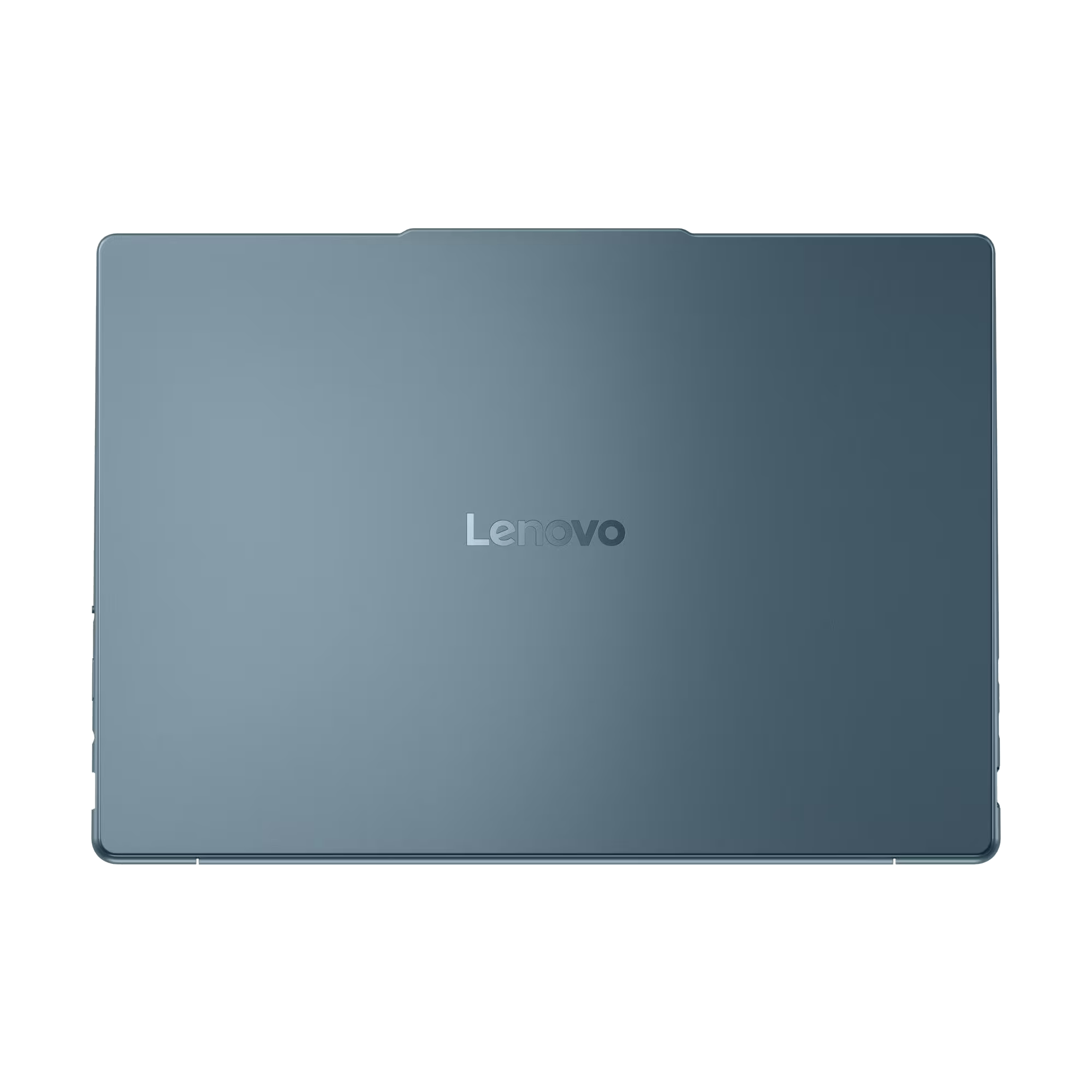 Un portátil Lenovo azul, visto desde arriba, sobre un fondo negro. El logotipo de Lenovo es visible.
