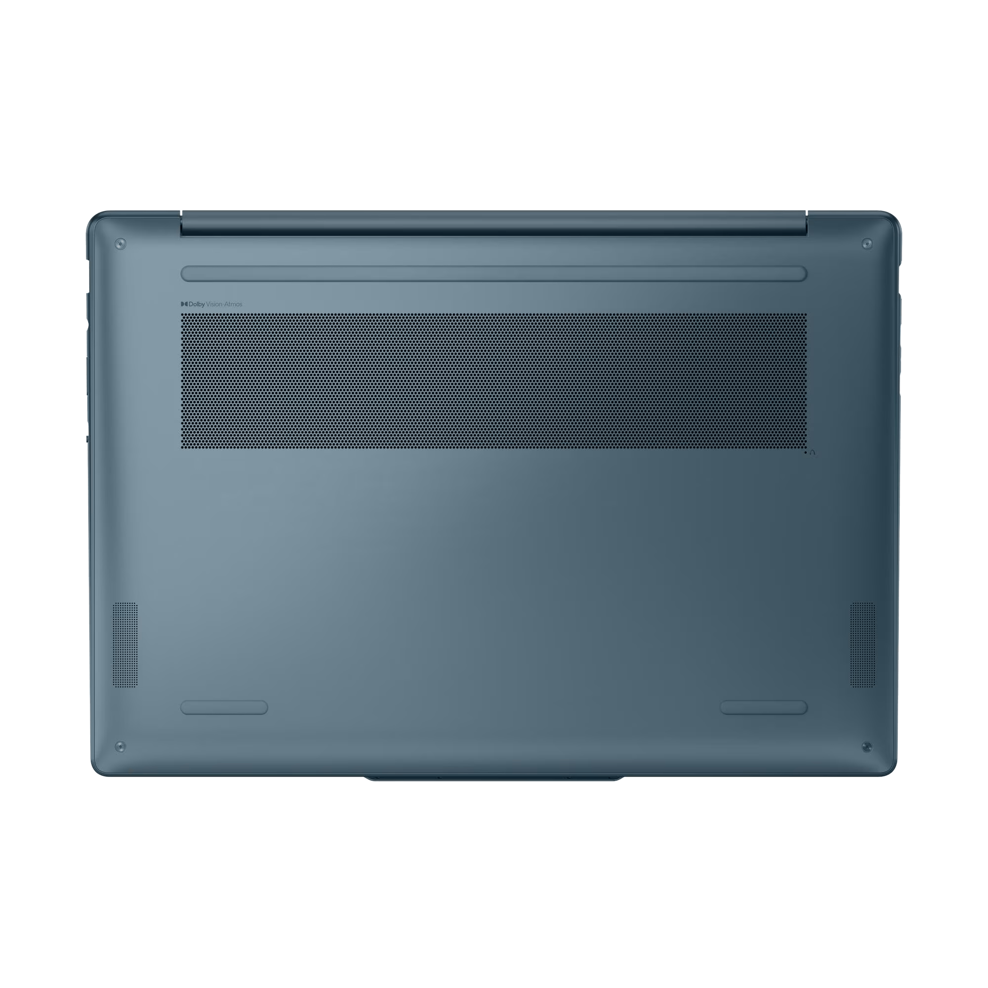 Vista inferior de una laptop azul sobre fondo negro. Incluye rejillas de altavoz, ventilaciones y la marca Dolby Vision Atmos.