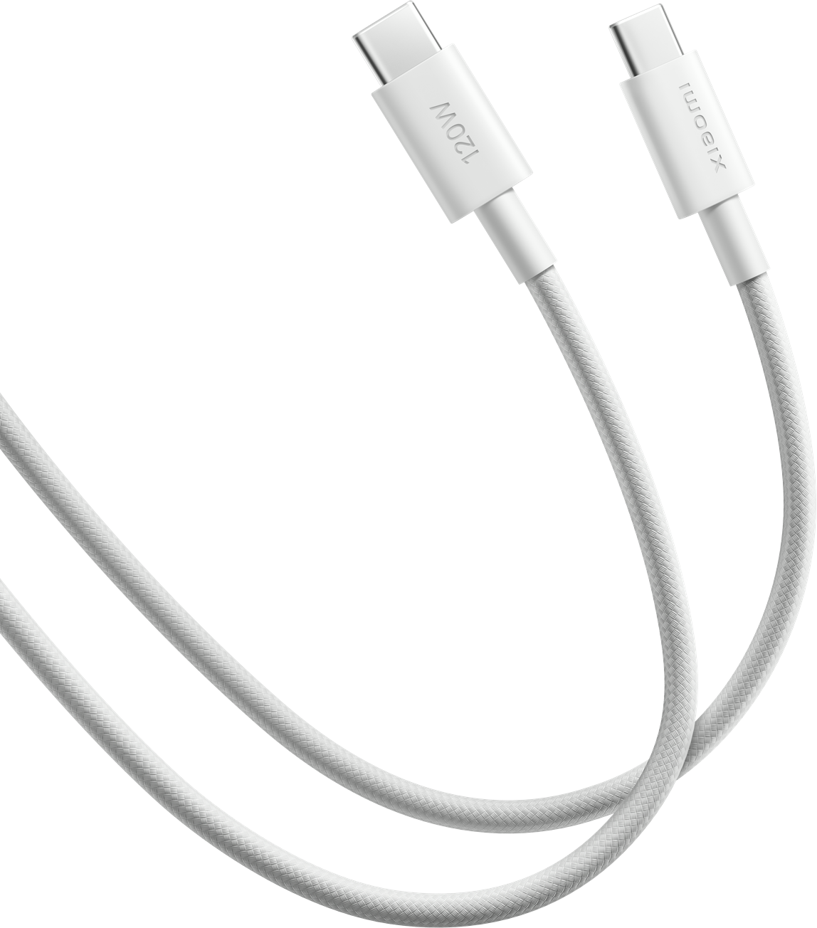 Két fehér USB-C töltőkábel fehér csatlakozókkal. Az egyik csatlakozón '120W', a másikon 'Xiaomi' felirat látható, mindkettő fekete háttéren.