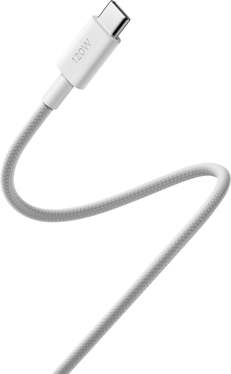 Fehér USB-C kábel 120W jelzéssel. Fonott kábel design. Fekete háttér.