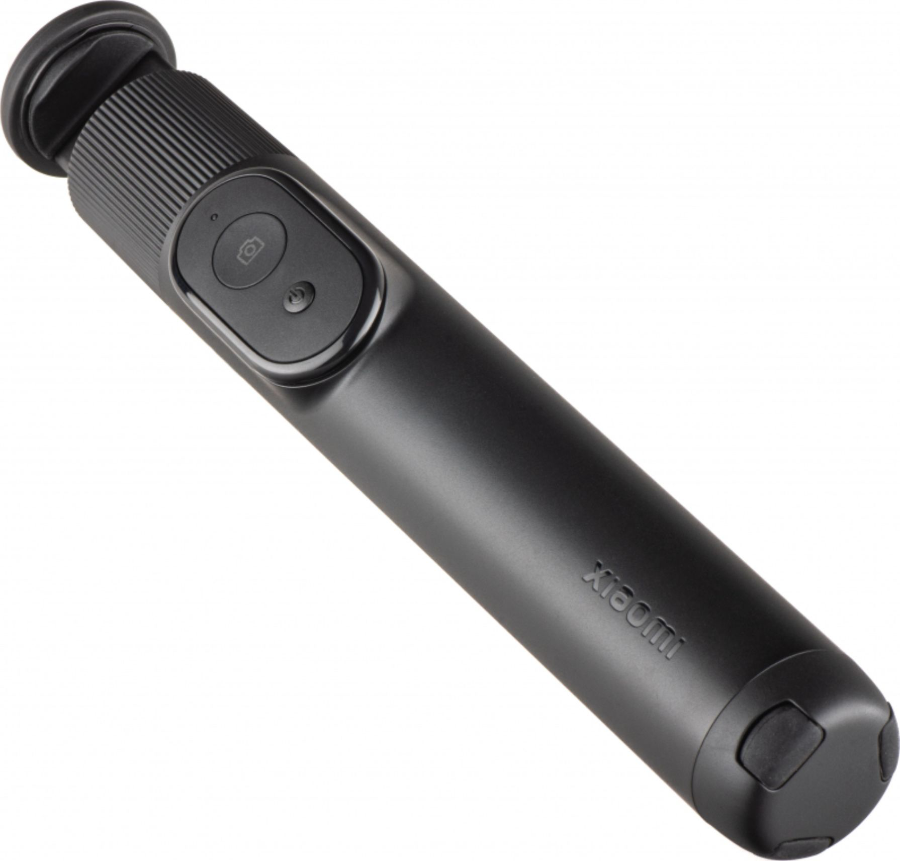 Egy fekete Xiaomi selfie bot fehér háttérrel. Van rajta egy kamera gomb és egy bekapcsoló gomb.