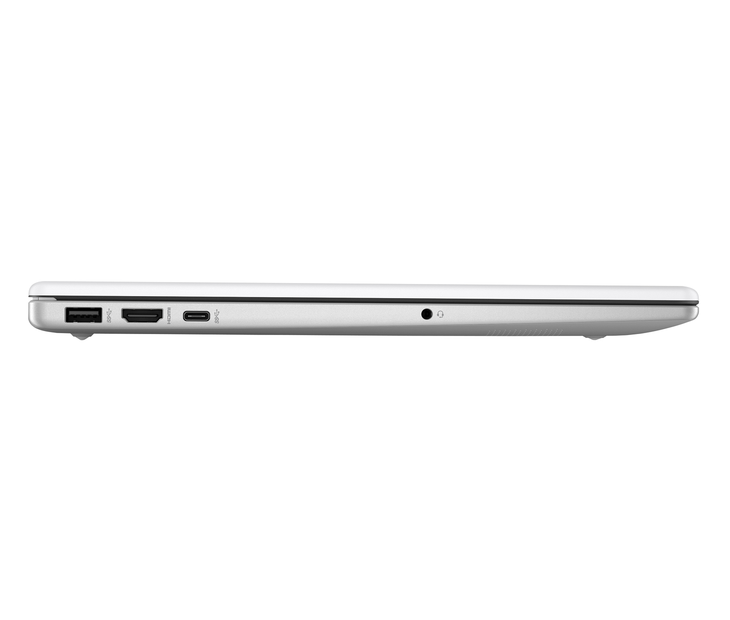 Vista lateral de un portátil plateado. Puertos visibles: USB, HDMI, USB-C y conector para auriculares. El portátil está cerrado, sobre un fondo blanco.