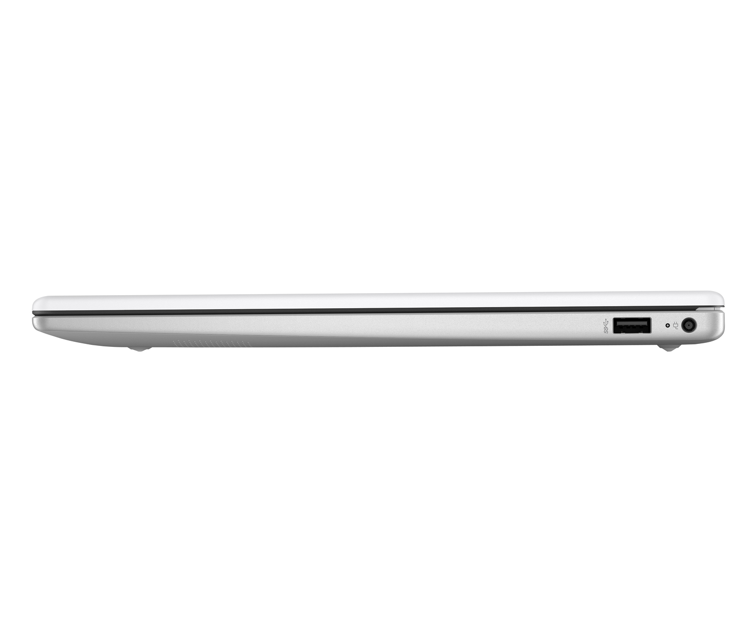 Vista lateral de un portátil plateado. Muestra puertos USB, alimentación y otras conexiones. El borde superior es negro.