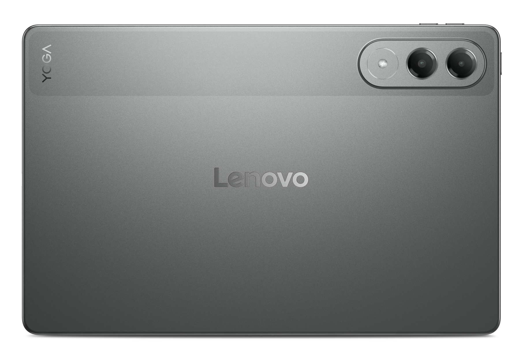 Szary tablet Lenovo Yoga. Ma logo Lenovo, markę Yoga i zestaw kamer. Tło jest czarne.