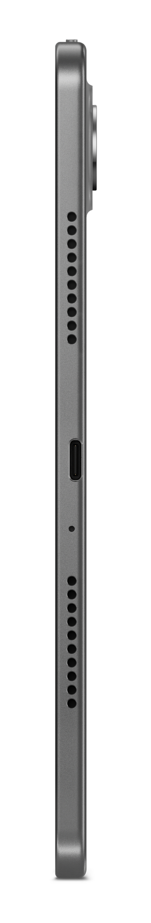 Widok z boku szarego tabletu z aparatem, otworami głośnika, portem USB-C i przyciskiem zasilania na czarnym tle.