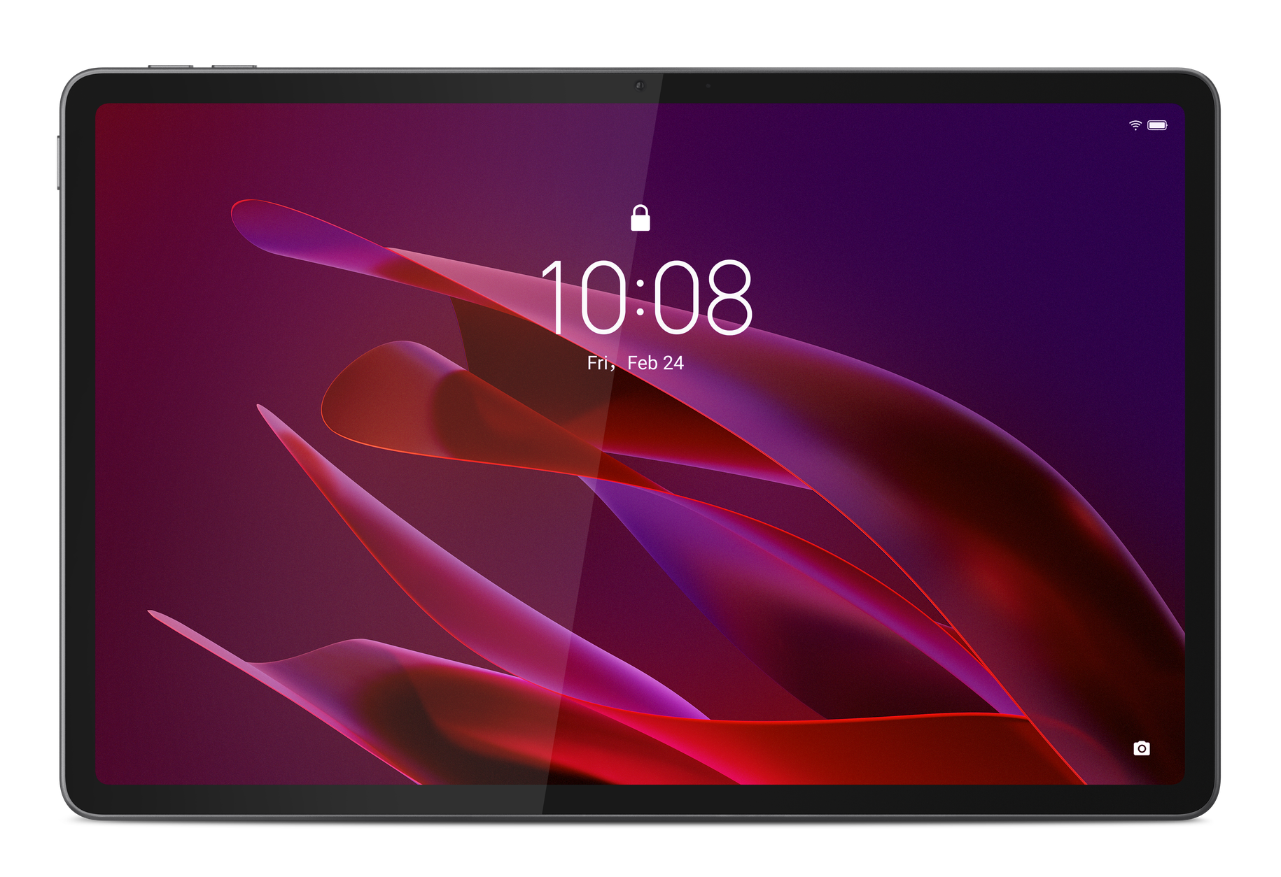 Ekran tabletu pokazuje ekran blokady z godziną 10:08 i datą piątek, 24 lutego. Abstrakcyjne czerwone i fioletowe kształty.