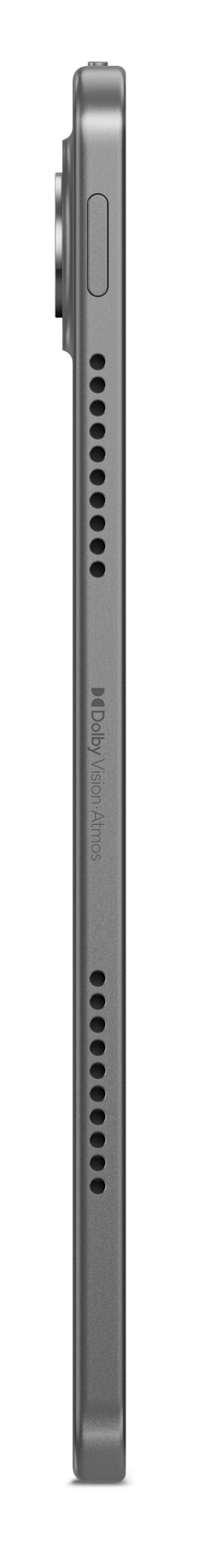 Widok z boku szarego tabletu. Pokazuje aparat, przyciski i otwory głośników. Wydrukowano słowa Dolby Vision Atmos.