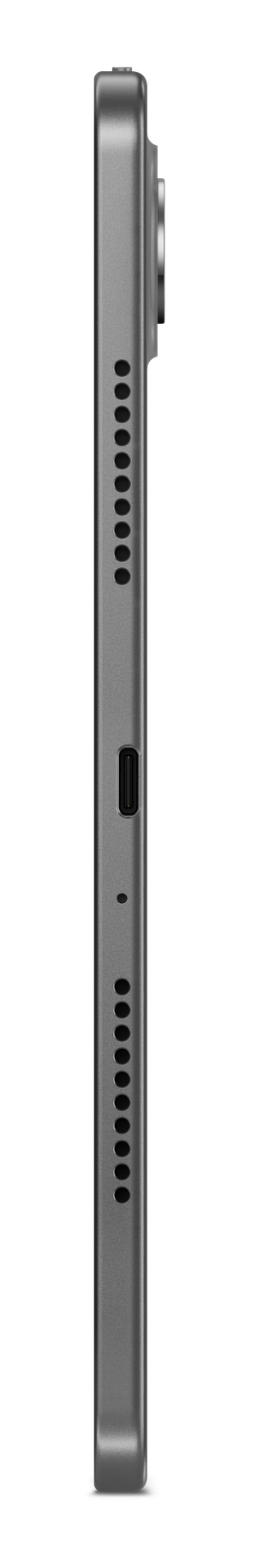 Widok z boku szarego tabletu. Widoczne otwory głośników, port USB-C i wybrzuszenie aparatu.