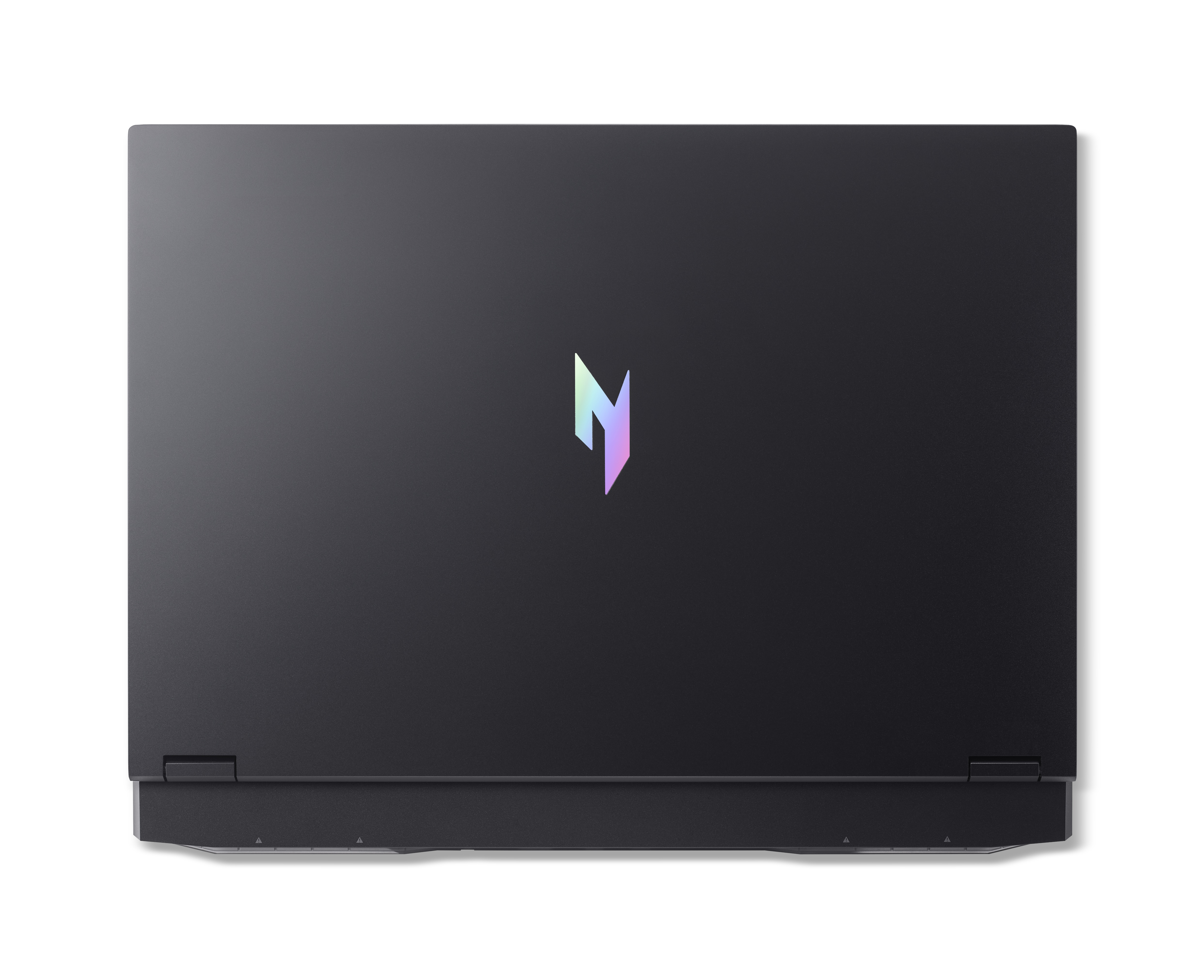 Schwarzer Laptop geschlossen, Draufsicht. Verfügt über ein stilisiertes Logo in der Mitte mit weißem Hintergrund.