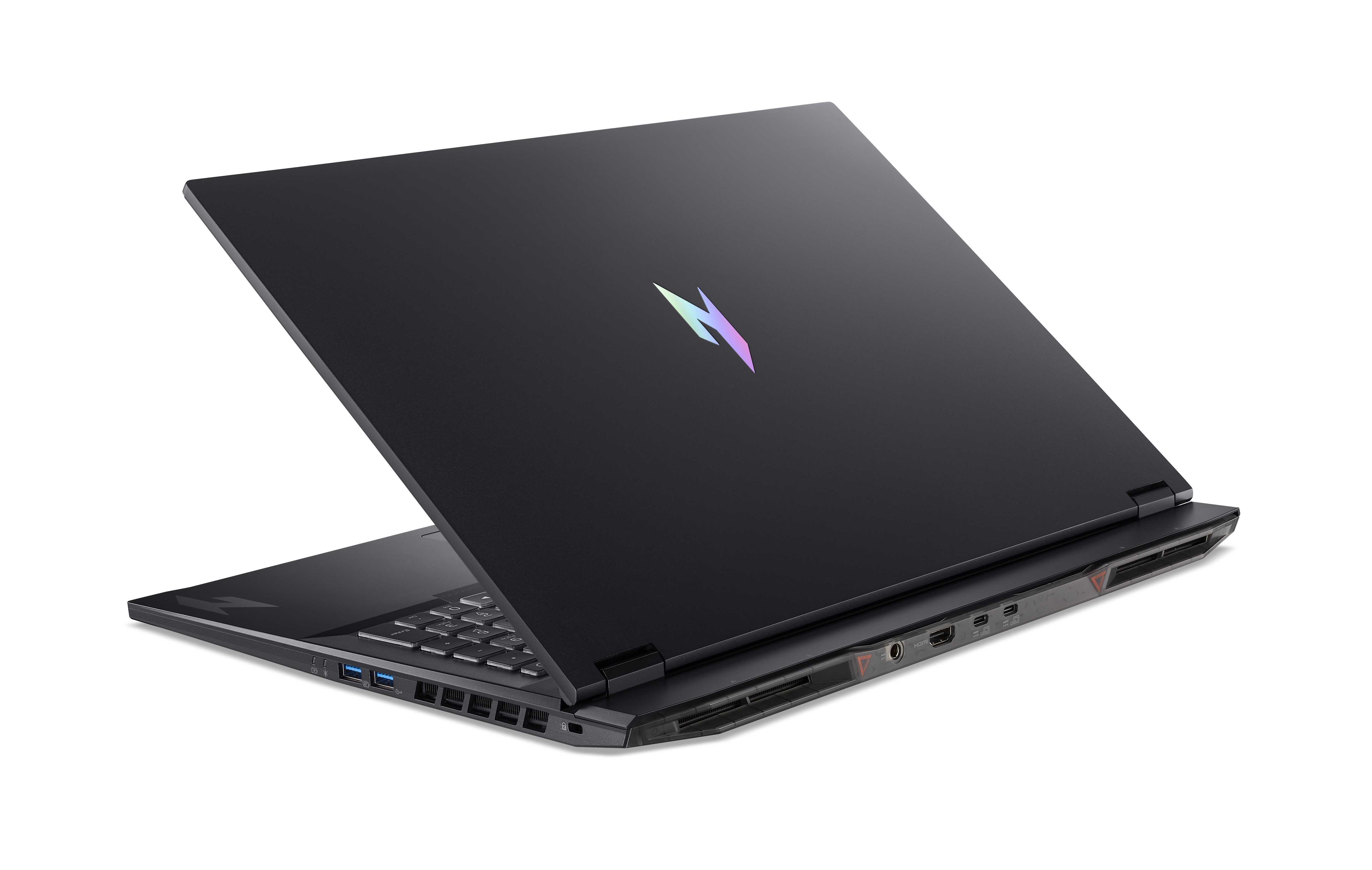 Schwarzer Laptop mit geöffnetem Bildschirm. Auf der Rückseite befindet sich ein mehrfarbiges Logo.
