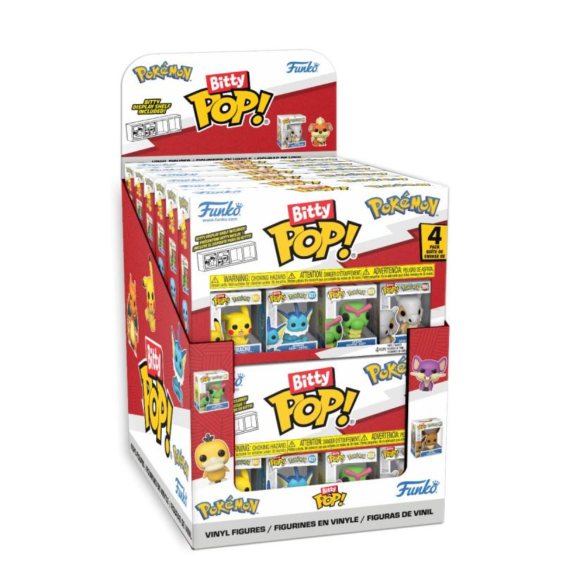 Eine Funko Bitty POP! Displaybox mit Pokémon-Figuren. Die Box ist rot und weiß und zeigt Pikachu, Evoli und andere Charaktere.