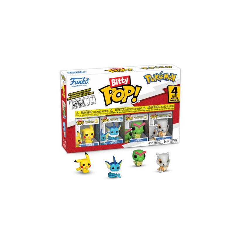 Ein Bitty Pop! Pokémon-Box-Set mit Pikachu, Vaporeon, einem grünen Pokémon und einer Cubone-Figur. Die Box hat Warnhinweise und das Funko-Logo.