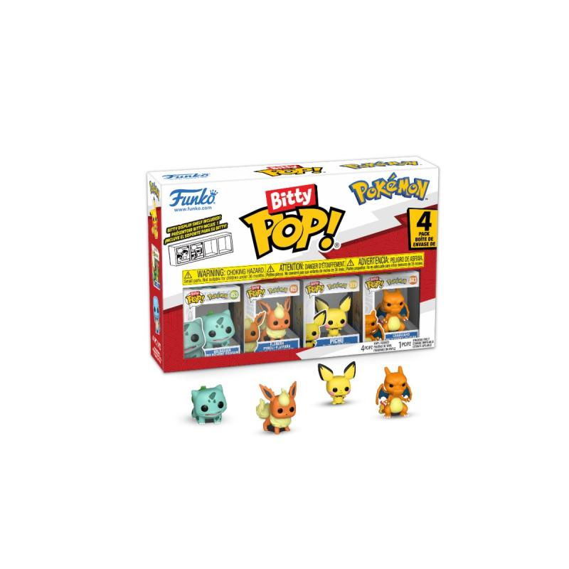 Ein Funko Bitty Pop! Box-Set mit Pokémon-Charakteren: Bulbasaur, Evoli, Pichu und Glumanda. Die Box und Figuren sind sichtbar.