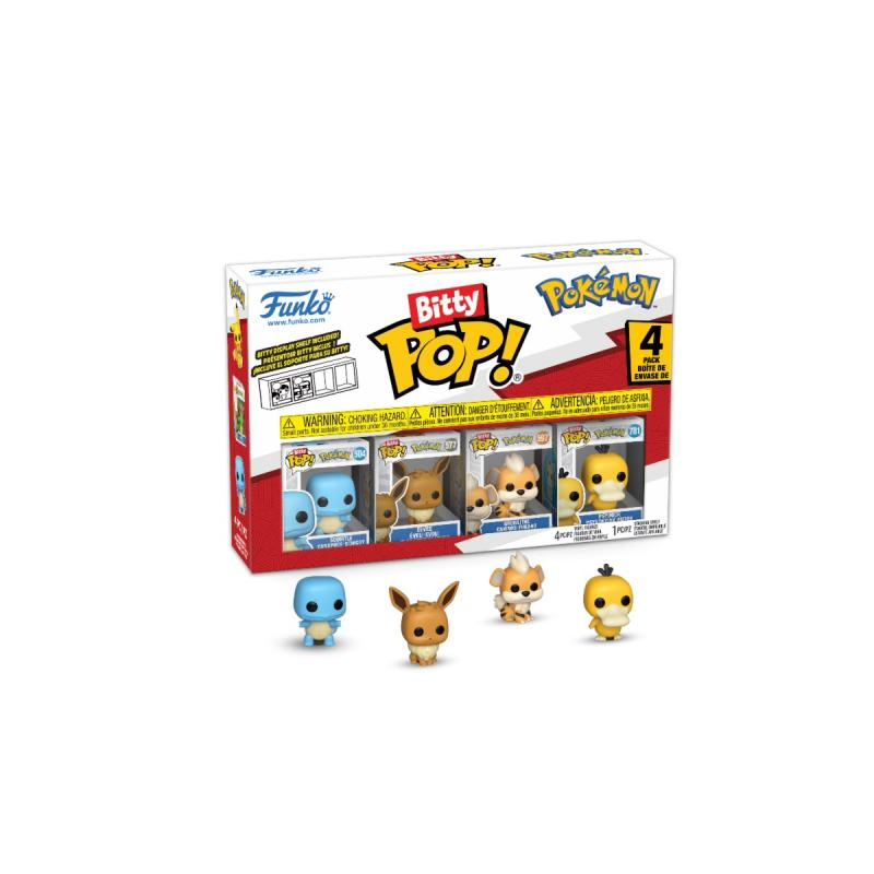 Ein Funko Bitty Pop! Pokemon-Set. Es enthält vier Figuren: Schiggy, Evoli, Fukano und eine gelbe, enteähnliche Figur.