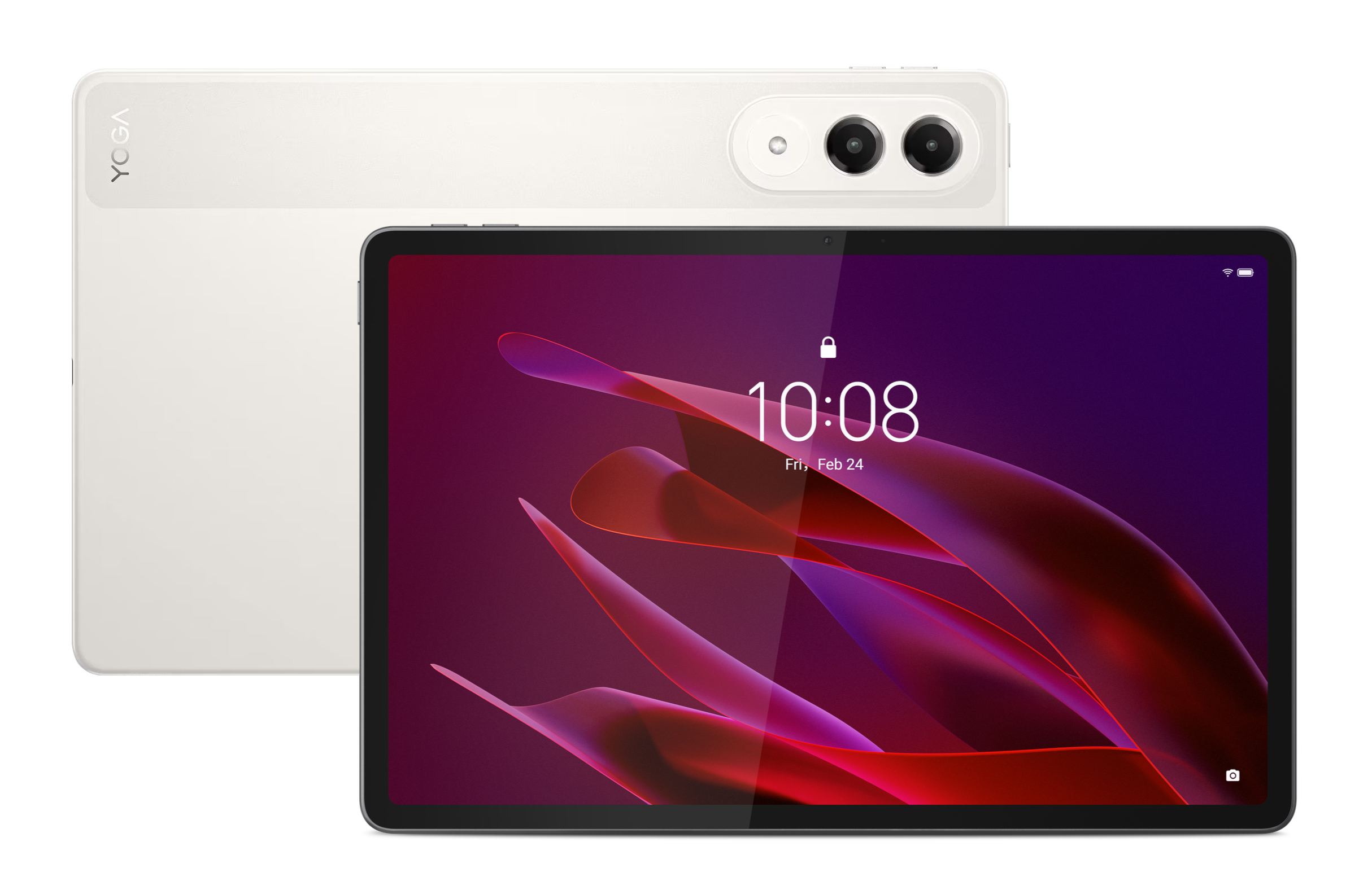 Biały tablet Lenovo Yoga wyświetla ekran blokady o 10:08, 24 lutego. Z tyłu logo Yoga i podwójne kamery.