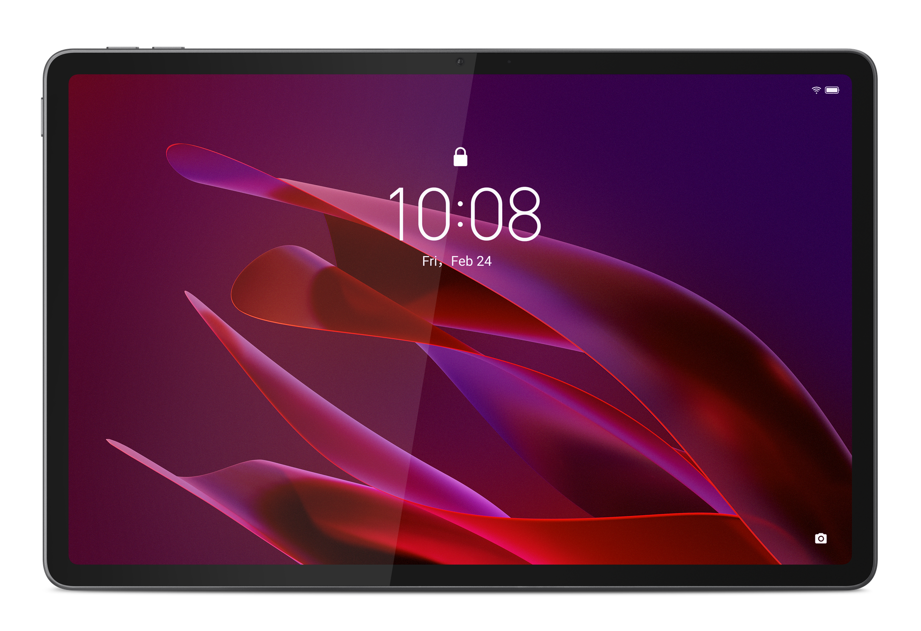 Tablet pokazuje ekran blokady z godziną 10:08 i datą 24 lutego. Ma ciemne tło z czerwonymi i fioletowymi abstrakcyjnymi kształtami.