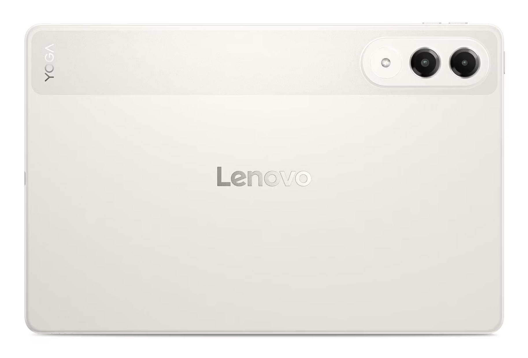 Biały tablet Lenovo Yoga. Ma zestaw kamer i logo Lenovo. Słowo Yoga jest wydrukowane pionowo.