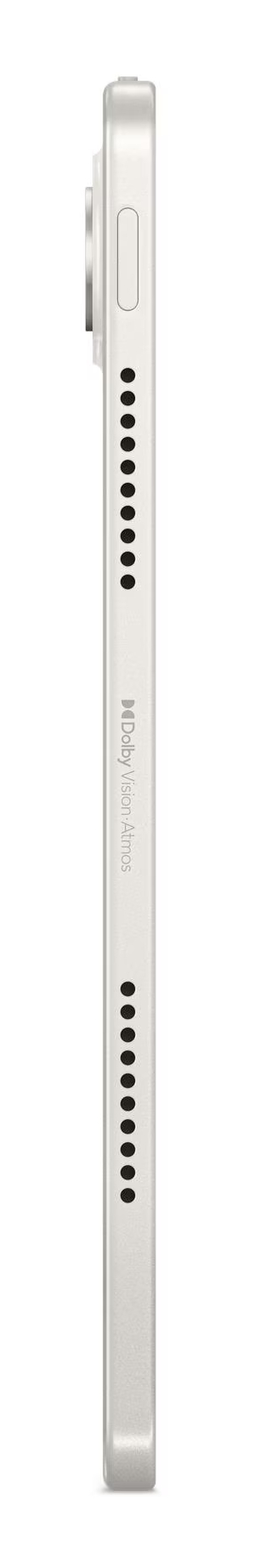 Widok z boku srebrnego tabletu. Ma aparat, przycisk, otwory na głośniki i logo Dolby Vision Atmos.