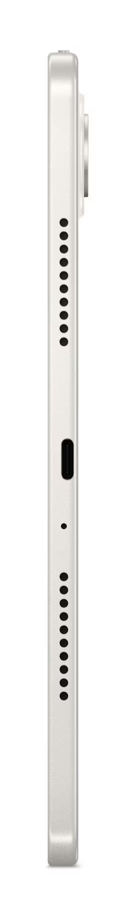 Widok z boku białego tabletu. Posiada aparat, przyciski głośności, otwory głośnikowe i przycisk zasilania.