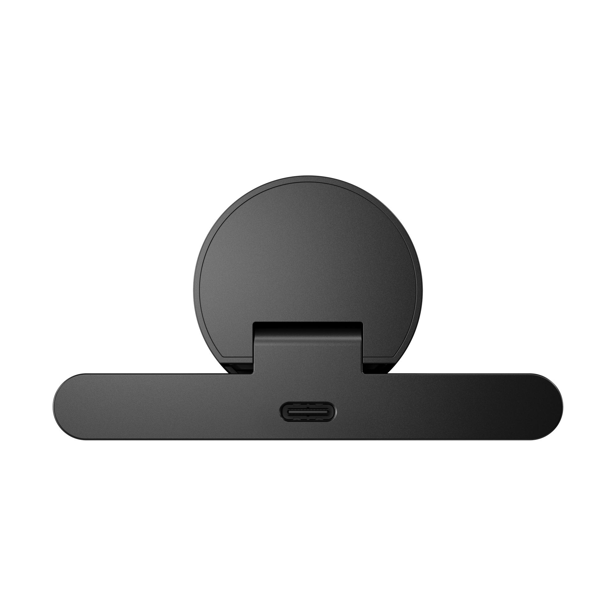 Schwarzes, rundes Gerät mit horizontaler Basis und USB-C-Anschluss. Der Hintergrund ist weiß.