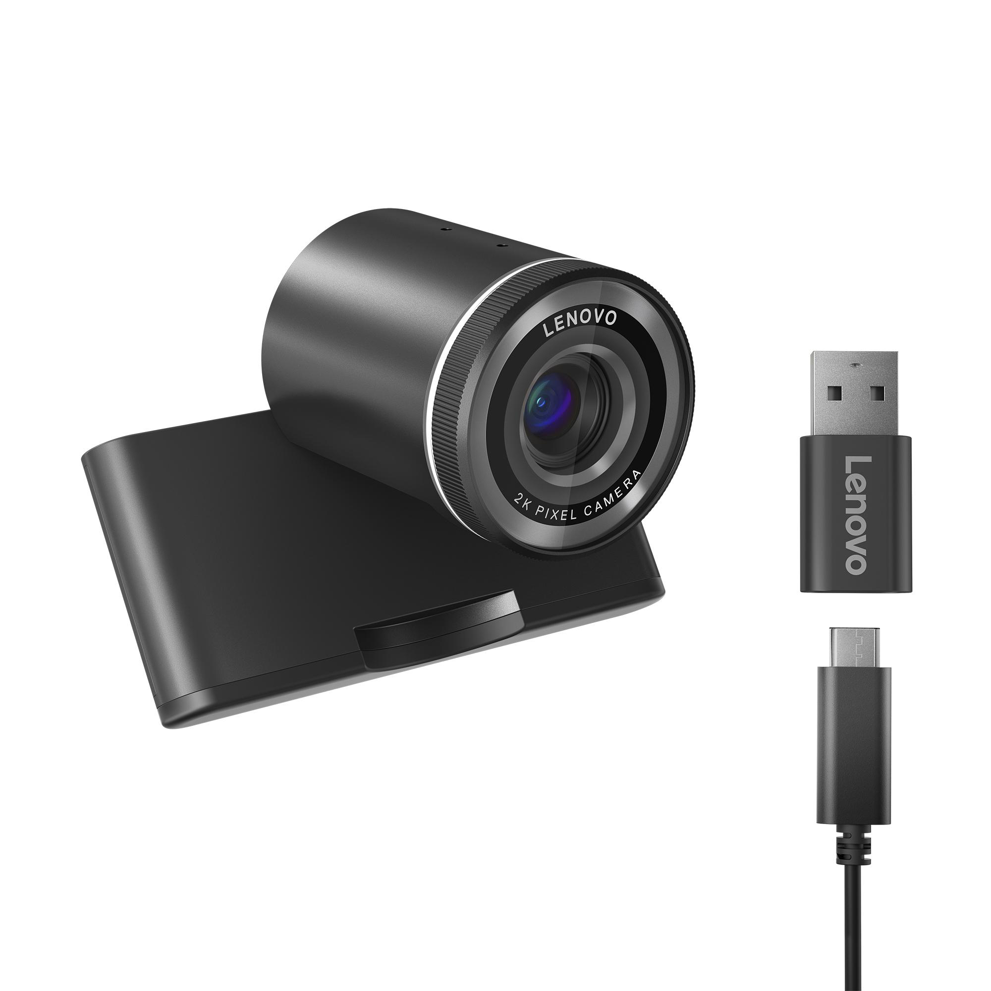 Eine schwarze Lenovo-Webcam mit USB- und USB-C-Anschluss. Auf der Linse steht '2K Pixel Camera'. Die Kamera steht auf einem Ständer.