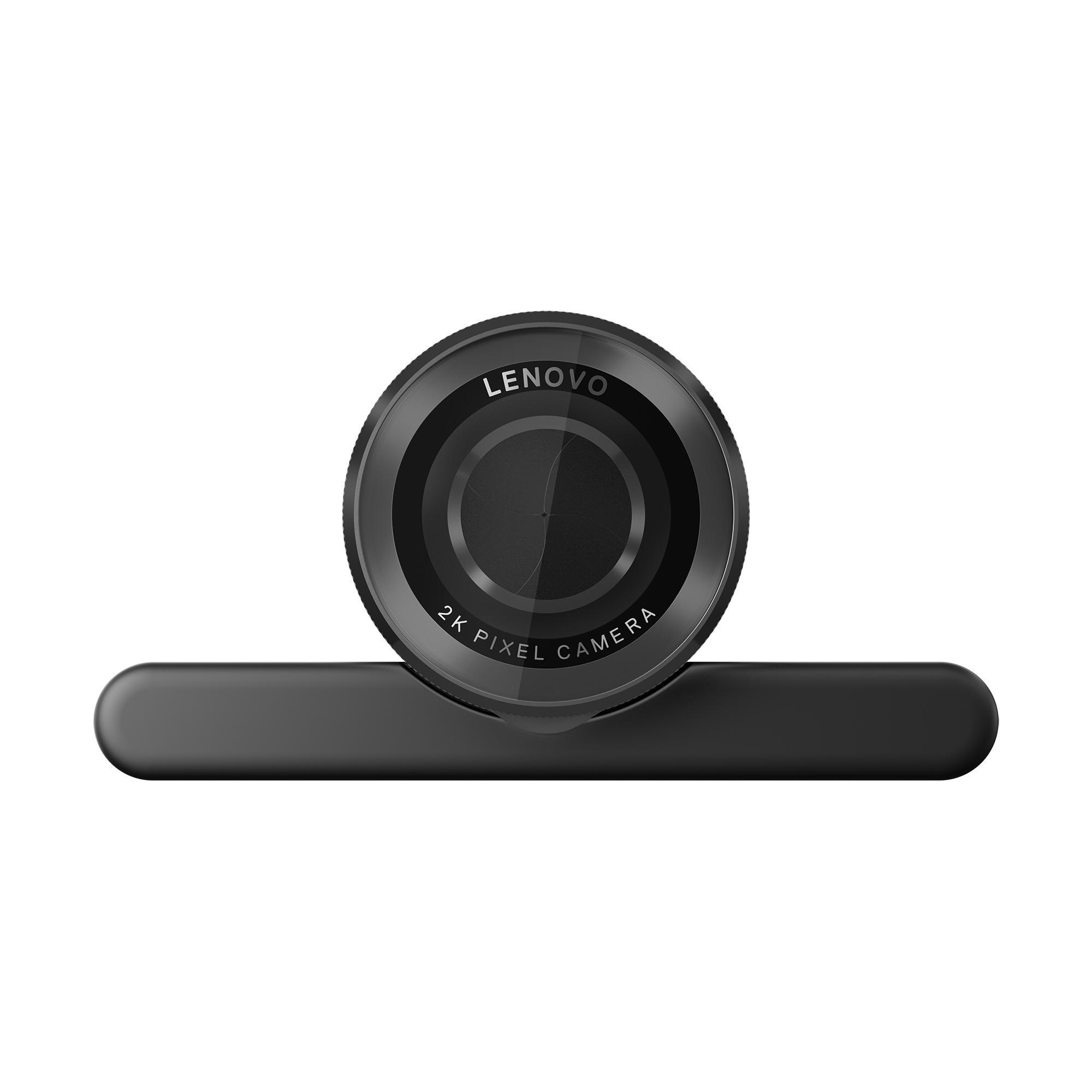 Eine schwarze Lenovo 2K-Pixel-Kamera. Das Kameraobjektiv ist zentriert mit dem Markennamen Lenovo oben und einer rechteckigen Basis unten.