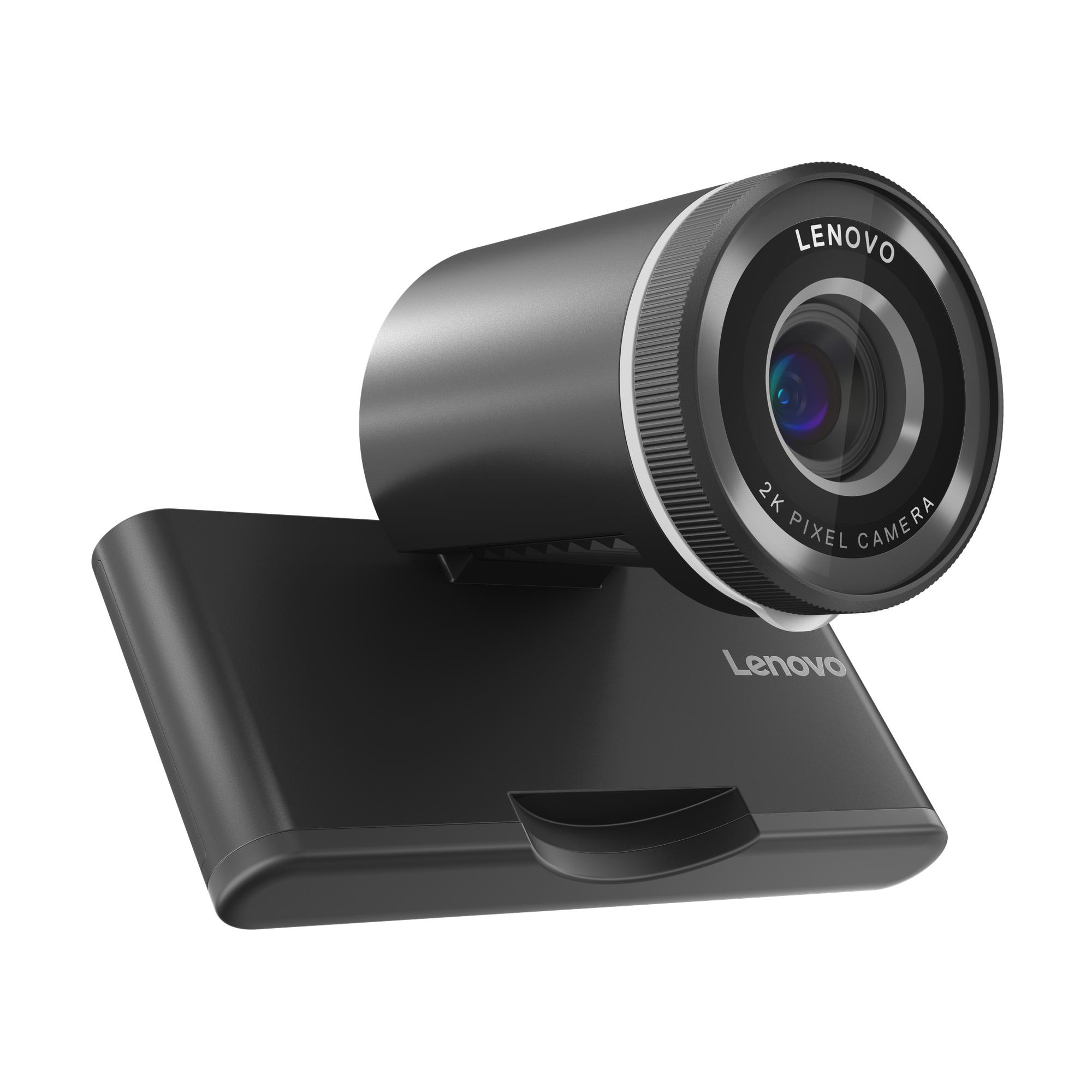Eine Lenovo-Webcam. Sie hat ein zylindrisches Objektiv und einen schwarzen Sockel. Auf dem Objektiv steht '2K Pixel Kamera'.