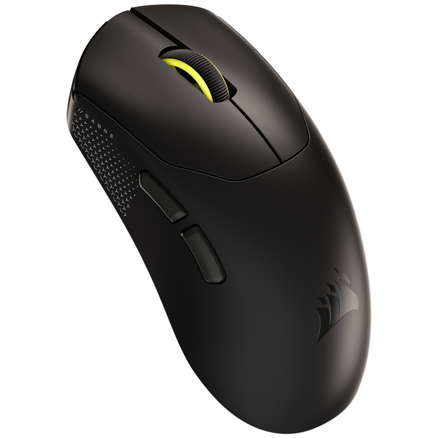 A black computer mouse with a yellow scroll wheel. It has two side buttons and a logo. The background is white.