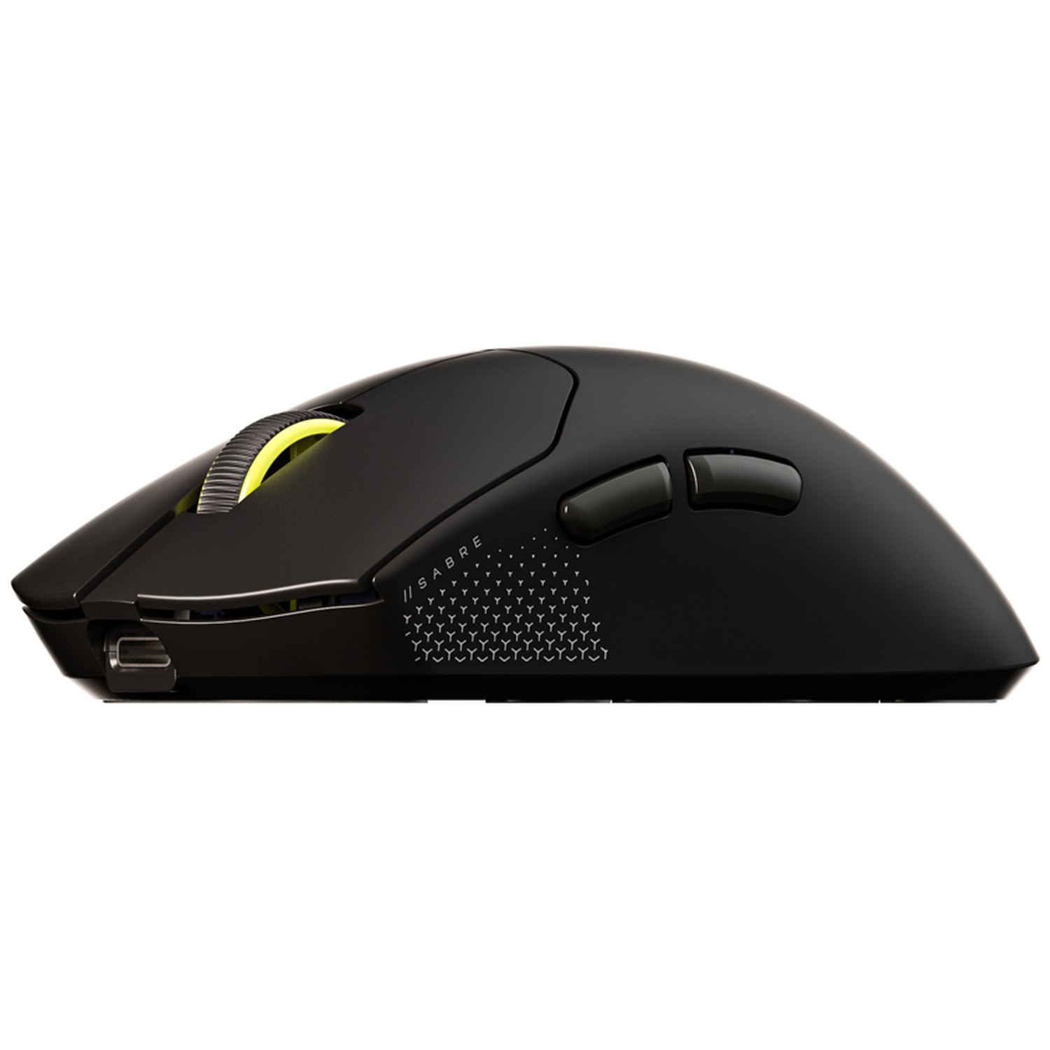 A black computer mouse with yellow accents. It has buttons on the side and a scroll wheel. The mouse is isolated on white.