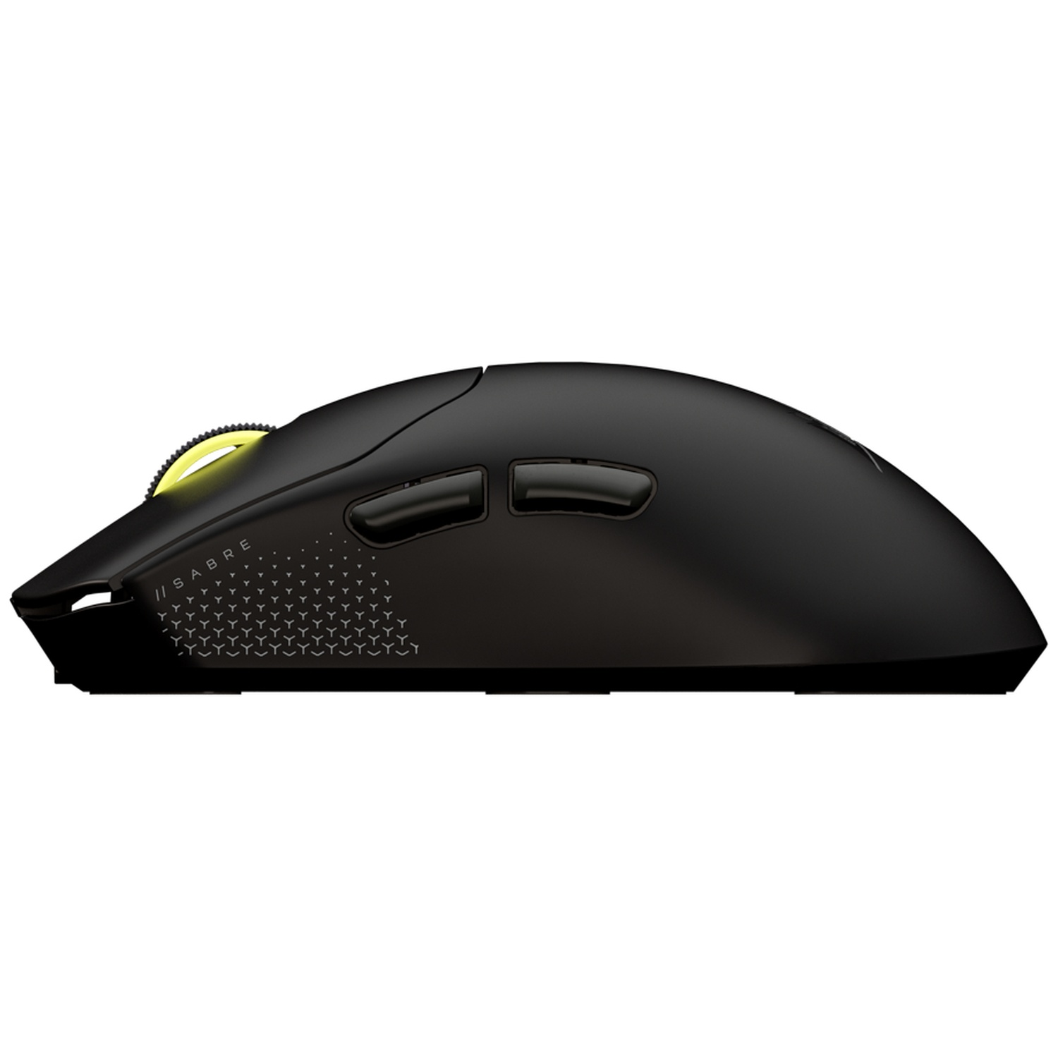 A black computer mouse, side view. It has two buttons, a yellow scroll wheel, and a textured pattern. The word 'SABRE' is printed.